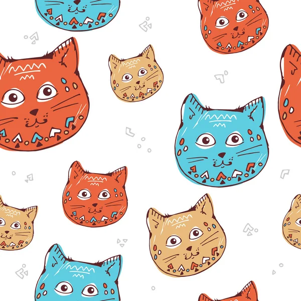 かわいい猫、カラフルなシームレス パターン背景、赤、青、ベージュ、ホワイト色、子供のスタイルです。手描き。壁紙、グリーティング カードの背景の布に印刷します。 — ストックベクタ