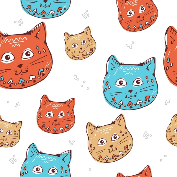 Gatos bonitos fundo padrão sem costura colorido, vermelho, azul, bege, cores brancas, estilo crianças. Desenho manual. fundo para cartões de felicitações, papel de parede, impressão em tecido —  Vetores de Stock