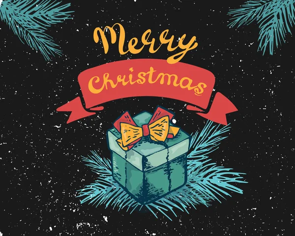 新年 2019年グリーティング カードはギフト ボックスを飾る支店。ベクトルの図。メリー クリスマスをレタリングします。手描き。バナー テンプレート、グリーティング カード。黒背景、赤黄色 — ストックベクタ