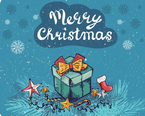 新年 2019年グリーティング カードは、ギフト用の箱、分岐星、靴下、snowfakes を飾る。ベクトルの図。メリー クリスマスをレタリングします。手描き。バナー テンプレート、グリーティング カード。青色の背景色、赤黄色. — ストックベクタ