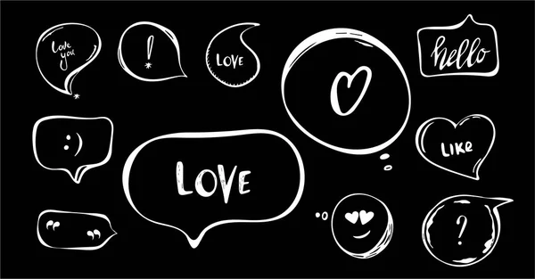 Hand drawn set of speech bubbles with hand written short phrases purr, love you, chat, hello. quotes, question, exclamation mark . black white. vector collection — Stock Vector