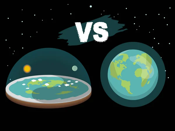 Theorie van de platte aarde. Platte aarde in de ruimte met zon en maan vs bolvormige Aarde. Vectorillustratie. — Stockvector