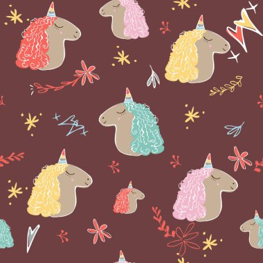 Tek boynuzlu at seamless modeli. Gökkuşağı boynuz ve yele çiçek kırmızı zemin üzerine tek boynuzlu atlar. Vektör çizim. Beyaz tek boynuzlu at kafası ile şirin sihirli fantezi duvar kağıdı. kapak kumaş, kitaplar için şablon