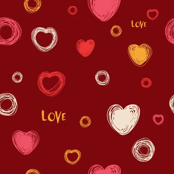 Modèle de coeur sans couture, croquis dessiné à la main, illustration vectorielle. amour. Romantique fond d'amour dans le style doodle. symboles Isolé sur rouge. Pour impression textile, papier d'emballage, Saint Valentin — Image vectorielle