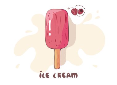 donmuş suyu beyaz arka plan üzerinde izole ahududu dondurmayla. Vektör düz anahat simgesi. karikatür tarzı çizimde t gömlek tasarımı için. etiket veya rozeti, simgeler, logo.