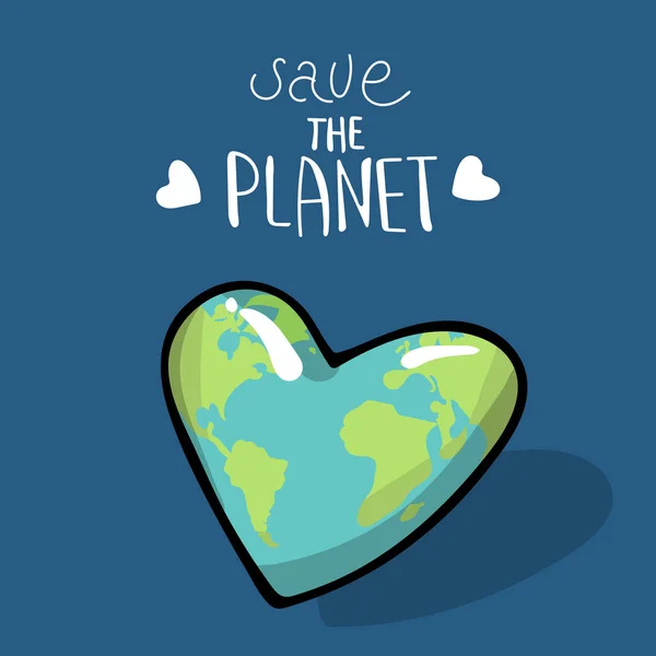 Selamatkan planet ini. Vektor ilustrasi pada latar belakang biru. Bola bumi. Surat. logo. Konsep penghematan energi dan ekologi. Bola dunia berbentuk hati - Stok Vektor