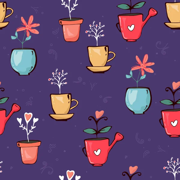 Bright colorful flowers potted plants seamless pattern texture. doodle leaves hearts on purple background. Vector design illustration for textile, fabric, fashion. hand drawing. — Stock Vector