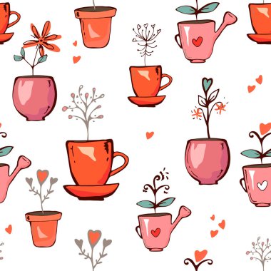 Parlak renkli çiçek saksı bitkileri Dikişsiz desen doku. Doodle kalpler mor zemin üzerine bırakır. Vektör tasarlamak tekstil, kumaş, moda için. Sevgililer günü için duvar kağıdı