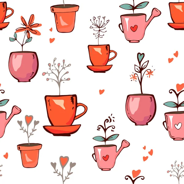 Flores coloridas brilhantes vasos plantas textura padrão sem costura. doodle deixa corações no fundo roxo. Ilustração de design de vetor para têxtil, tecido, moda. Papel de parede para Dia dos Namorados — Vetor de Stock