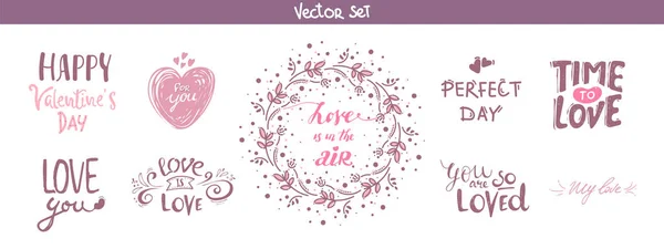 Ensemble d'éléments de lettrage de décoration pour la Saint-Valentin, illustration vectorielle. Dessiné à la main Février 14 étiquettes ou collection d'affiches. amour lettrage fond. phrases de calligraphie. collection romantique . — Image vectorielle