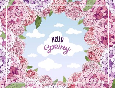 Ortanca çiçek vektör. Düğün, Sevgililer günü, anneler günü, satış, mevsimlik olaylar çiçeği 8 Mart için. Yaz çiçek tebrik kartı el çizimi. dairesel çerçeve, metin için yer. gökyüzü bulutlar