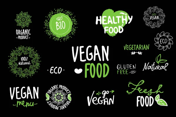 Biyoloji, ekoloji, organik logolar ve ikonlar, etiket, Etiketler. Elle çizilmiş biyo sağlıklı gıda rozetleri, çiğ, vegan, sağlıklı gıda işaret, organik ve öğeleri kümesi kümesi. Git vegan, Vejetaryen, el çizimi siyah yeşil