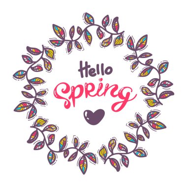 Merhaba Bahar kabataslak logo, rozet tipografi simge ver. Bahar mevsimi ile dalları ile yazı için tebrik kartı, davetiye şablon bırakır. vintage afiş poster şablon arka plan yazı. çelenk, doodle, yuvarlak çerçeve