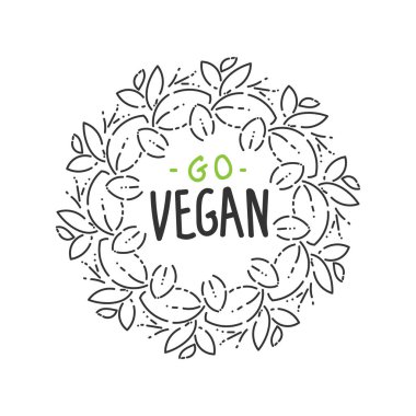 Gan el taslağı logo, vegan gıda ambalaj tasarımı için yaprak etiketi şablonu. çelenk, doodle, yuvarlak kare. İzole yaprakları simgesi. Biyo beslenme, sağlıklı beslenme, vegan restoran menü. fırça letteering.