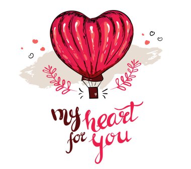 Kalbim kırmızı kalp şekli balon uçuş ve kalpleri süslemeleri beyaz arka plan ile tipografi Sevgililer günü için. yazı. Vektör karikatür kart, poster, davet için stil doodle.