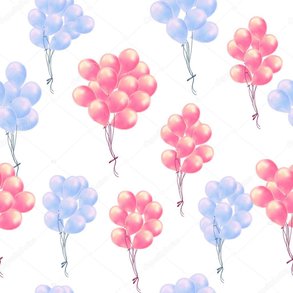 Flying glowing balloons colorful seamless pattern background, beautiful colorful vector illustration. pink, blue, white background. Ideal for paper or fabric, birthday party designs.