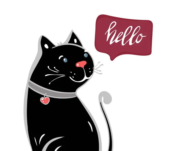 Lindo Gato Negro Feliz Personaje Sosteniendo Flor Con Texto Caligrafía — Vector de stock