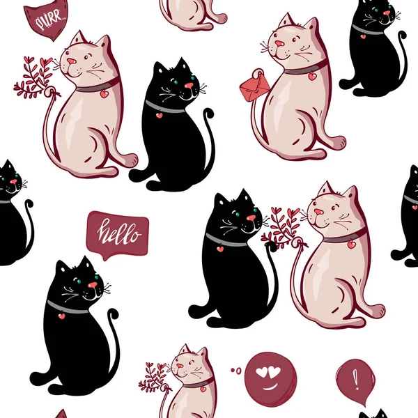 ロマンチックなかわいい黒白い面白い猫甘いのシームレスなパターン 結婚式招待状カードの背景 イラスト 手描き落書きコミック アート 繰り返される背景 包装紙が大好き — ストックベクタ