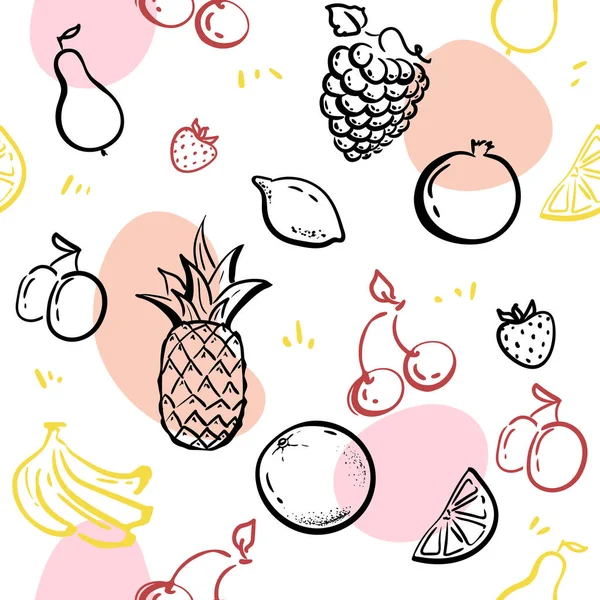 beyaz yazı tahtası Dikişsiz desen vektör izole meyve doodle. Sağlıklı beslenme kroki çizimi. ananas, çilek portakal. yaz meyve illüstrasyon. Meyve tasarımı kumaş dekorasyonu.