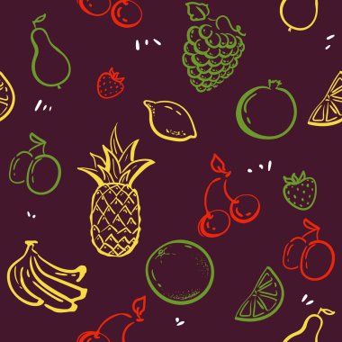beyaz yazı tahtası Dikişsiz desen vektör izole meyve doodle. Sağlıklı beslenme kroki çizimi. ananas, çilek portakal. yaz meyve illüstrasyon. Meyve tasarımı kumaş dekorasyonu.