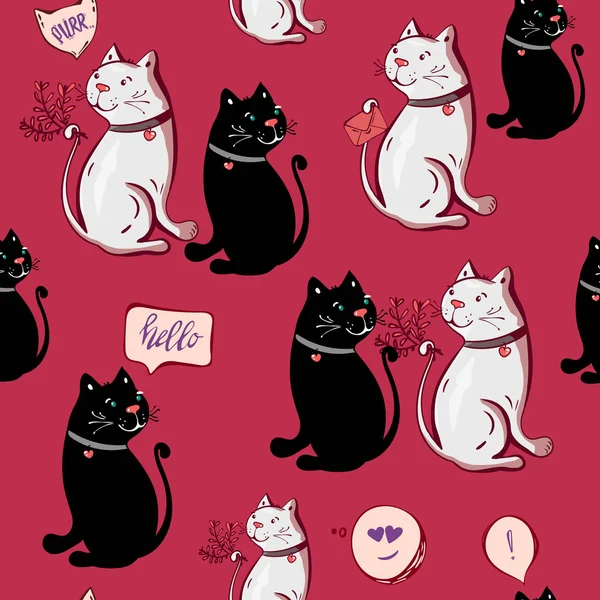 ロマンチックなかわいい黒と白の面白い猫甘いのシームレスなパターン 結婚式招待状カードの背景 イラスト 手描き落書きコミック アート 女の子 包装紙の繰り返される背景が大好き — ストックベクタ