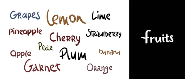 Letras de pincel. Vector dibujado a mano caligrafía frutas. Elementos de letras, nombres caligráficos de productos. set para granja, mercado, diseño de café, menú y recetas. Alimento fresco orgánico saludable — Archivo Imágenes Vectoriales