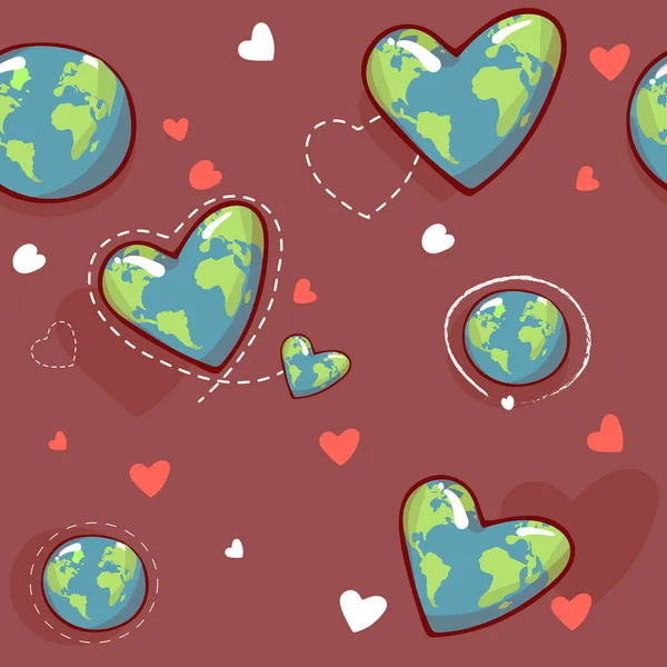 Tierra en forma de corazón. Globo de dibujos animados. iconos web verde naturaleza feliz carácter. amor ecología planeta tierra mapa del mundo sin fisuras patrón vector ilustración. Para impresión textil, papel de embalaje — Archivo Imágenes Vectoriales