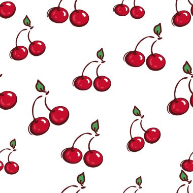 Kiraz seamless modeli. Tekstil, sarma, duvar kağıtları, vb için iyi. Beyaz arka plan üzerinde izole tatlı kırmızı olgun kiraz. Vektör çizim.
