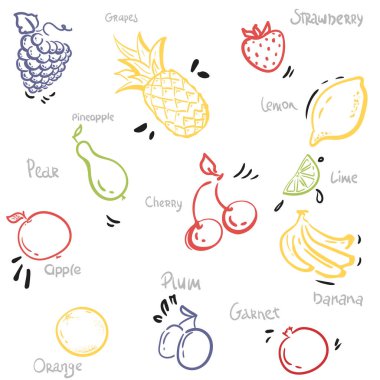 çizilmiş desen meyve ver. Sorunsuz vektör desen, yaz illüstrasyon. Isolated.for Tekstil, web tasarımı, yüzey dokuları. Salonu, kafe, menü, kağıt ambalaj. Taslak yazı elma, limon, portakal,