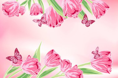 çiçek şablon tebrik kartı vektör. pembe güzel lale, kelebek. İzole. çizilmiş şekil ver. çiçek zemin. Düğün, nişan, kozmetik, parfüm, güzellik ürünleri