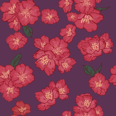 Vektör sorunsuz arka plan deseni. narin pembe Sakura çiçeği veya Japon çiçekli kiraz sembolik bahar rasgele bir aranjman. Tekstil, web tasarım, baskı, kağıt ambalaj için. El çizimi.
