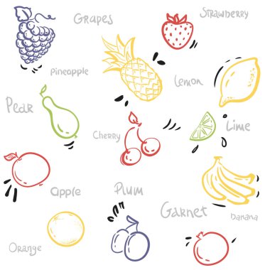 çizilmiş desen meyve ver. Sorunsuz vektör desen, yaz illüstrasyon. Isolated.for Tekstil, web tasarımı, yüzey dokuları. Salonu, kafe, menü, kağıt ambalaj. Taslak yazı elma, limon, portakal,