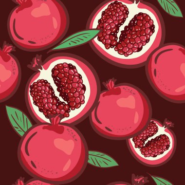 Nar ile Seamless modeli. Dekoratif desen vektör. Nar meyve koyu arka plan üzerinde. Meyve arka plan. Doku çiçek elemanları ile. zarif şablon, moda tekstil kumaş yazdırır.