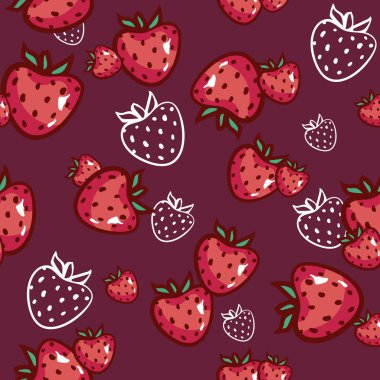 seamless modeli kırmızı zemin üzerine çilek. Gıda vektör arka plan kabataslak. El çekilmiş soyut berry kartı, yazdırma için şablon, duvar kağıdı, mutfak tasarımı, ambalaj, kağıt, tekstil.