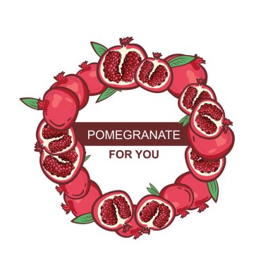 Nar çelenk ile yaprakları ve çiçekleri illüstrasyon vektör. Nar meyve vintage tasarım şablonu. Botanik meyve. Vektör çizim. yuvarlak kare beyaz arka plan üzerinde. El çizimi.