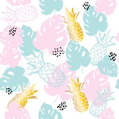 Ananas palm ile Seamless egzotik modeli beyaz zemin üzerine bırakır. Tropikal monstera illüstrasyon bırakır. Moda tasarımı. kumaş Tekstil, duvar kağıdı, kağıt sarma bastır El çizimi, kontur.