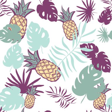 Ananas palm ile Seamless egzotik modeli beyaz zemin üzerine bırakır. Tropikal monstera illüstrasyon bırakır. Moda tasarımı. kumaş Tekstil, duvar kağıdı, kağıt sarma bastır El çizimi.