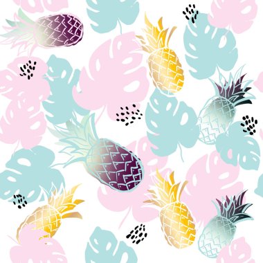 Ananas palm ile Seamless egzotik modeli beyaz zemin üzerine bırakır. Tropikal monstera illüstrasyon bırakır. Moda tasarımı. kumaş Tekstil, duvar kağıdı, kağıt sarma bastır El çizimi, kontur.