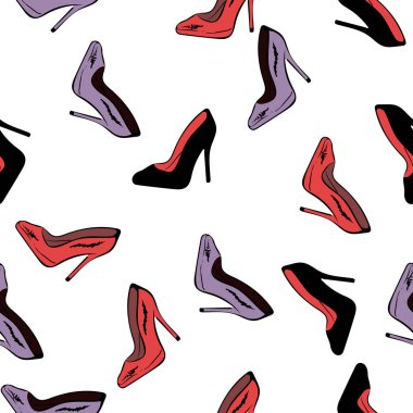 Yüksek topuk ayakkabı seamless modeli. Yüksek topuk ayakkabı beyaz arka plan vektör üzerinde basit Illustration. Moda tasarımı. kumaş Tekstil, duvar kağıdı, kağıt sarma bastır çizim, kadınlar günü için el