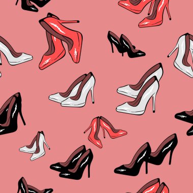 Yüksek topuk ayakkabı seamless modeli. Yüksek topuk ayakkabı pembe arka plan vektör üzerinde basit Illustration. Moda tasarımı. kumaş Tekstil, duvar kağıdı, kağıt sarma bastır El çizimi