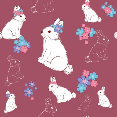 Çiçekli güzel tavşan. Karikatür tarzı şirin çocukça seamless modeli. Seamless modeli için duvar kağıdı, tekstil, baskı, desen dolguları, web sayfası arka planlar, yüzey dokuları. El çizimi