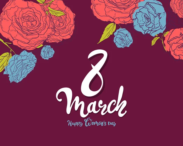 Plantilla de banner para el Día Internacional de la Mujer sobre fondo blanco. Volante para el 8 de marzo con la decoración de flores. Invitaciones con marco de plantas de primavera, hojas, rosa. Tarjeta vectorial. dibujo a mano — Vector de stock