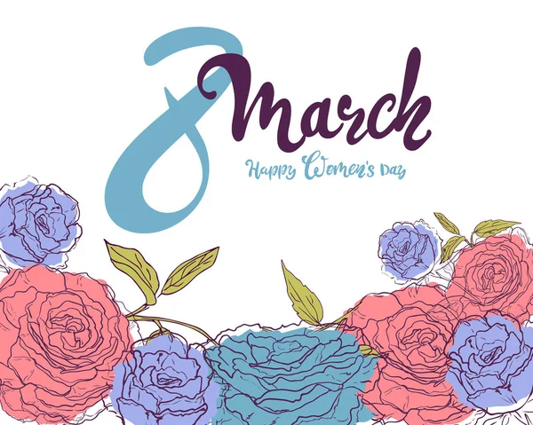 Plantilla de banner para el Día Internacional de la Mujer sobre fondo blanco. Volante para el 8 de marzo con la decoración de flores. Invitaciones con marco de plantas de primavera, hojas, rosa. Tarjeta vectorial. dibujo a mano — Vector de stock