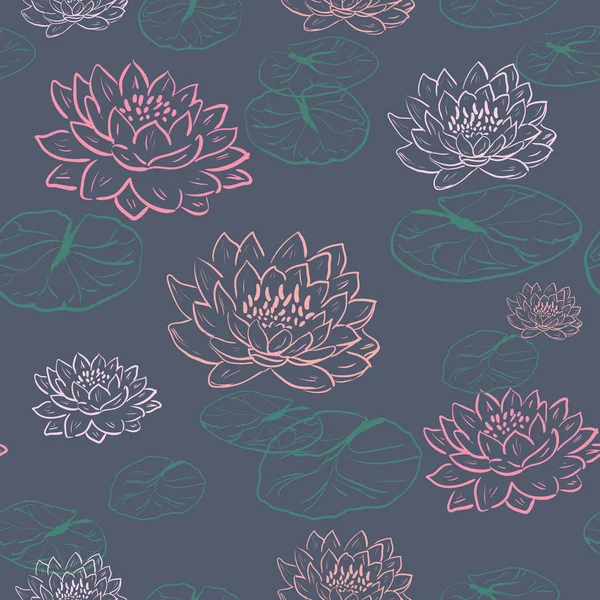 Fondo floral de moda con flor de loto y hojas verdes en estilo dibujado a mano. Motivos botánicos florecientes dispersos al azar. Patrón sin costura vectorial de lirio, nenúfar en la oscuridad. dibujo a mano — Vector de stock