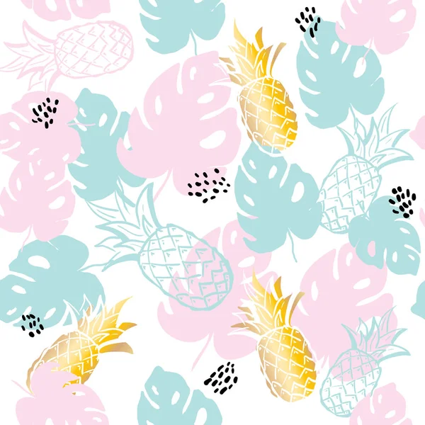 Ananas palm ile Seamless egzotik modeli beyaz zemin üzerine bırakır. Tropikal monstera illüstrasyon bırakır. Moda tasarımı. kumaş Tekstil, duvar kağıdı, kağıt sarma bastır El çizimi, kontur.