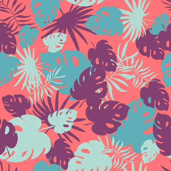 Motif exotique sans couture avec des feuilles de palmier sur fond rouge. Feuilles de monstère tropicale, plantes exotiques. jungle Design de mode. tissu imprimé textile, papier peint, papier d'emballage. dessin à la main — Image vectorielle