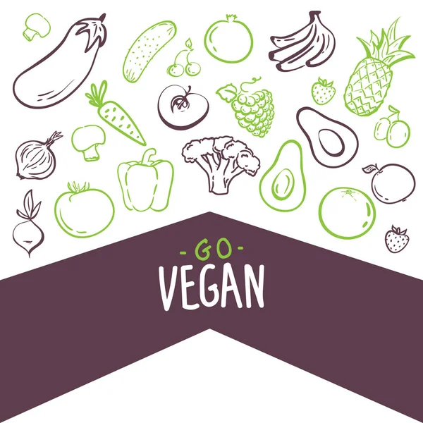 Go vegan - Motivationsposter oder Banner mit handgeschriebener Phrase mit trendigen Symbolen und Zeichen von Obst und Gemüse - Vektorillustration — Stockvektor