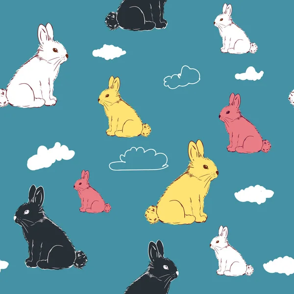 Милые кролики. Симпатичный детский бесшовный узор в стиле мультфильма. Бесшовный узор для обоев, текстиля, печати, заполнения шаблонов, фонов веб-страниц, текстур поверхности. Ручная работа — стоковый вектор