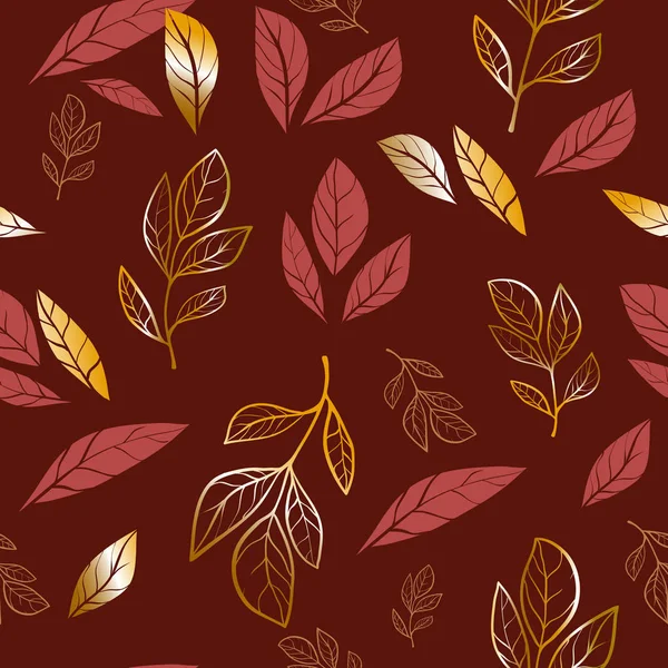 Motif vectoriel sans couture avec des feuilles dorées et rouges dessinées à la main. Concept de design scandinave tendance pour l'impression textile de mode. Illustration nature. texture pour textile, tissu, papier Papier peint, Imprimer — Image vectorielle