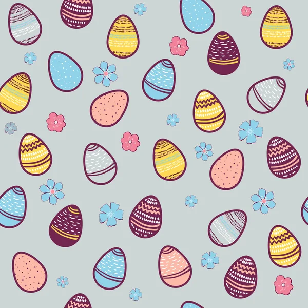 Lustig glücklich Ostern nahtlose Muster Hintergrund Grußkarte mit Eiern, Blumen. Vektor Illustration Doodle Kinder Stil-Design. für Tapeten, Geschenkpapier, Webseitenhintergrund, Frühlingsgrüßkarten — Stockvektor